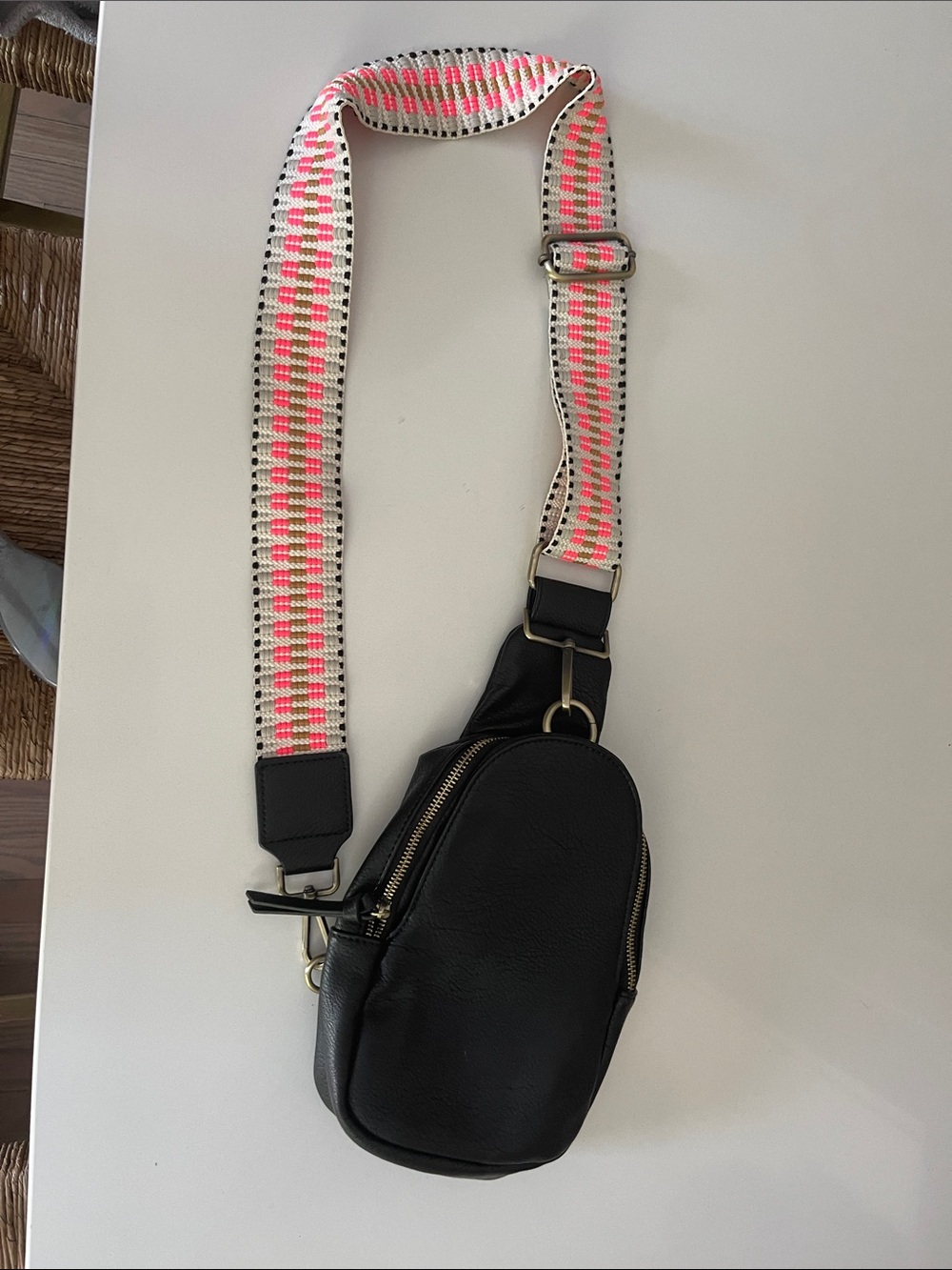 Anthropologie Urban Originals Black Crossbody Bag with Neon Pink and Cream Strap